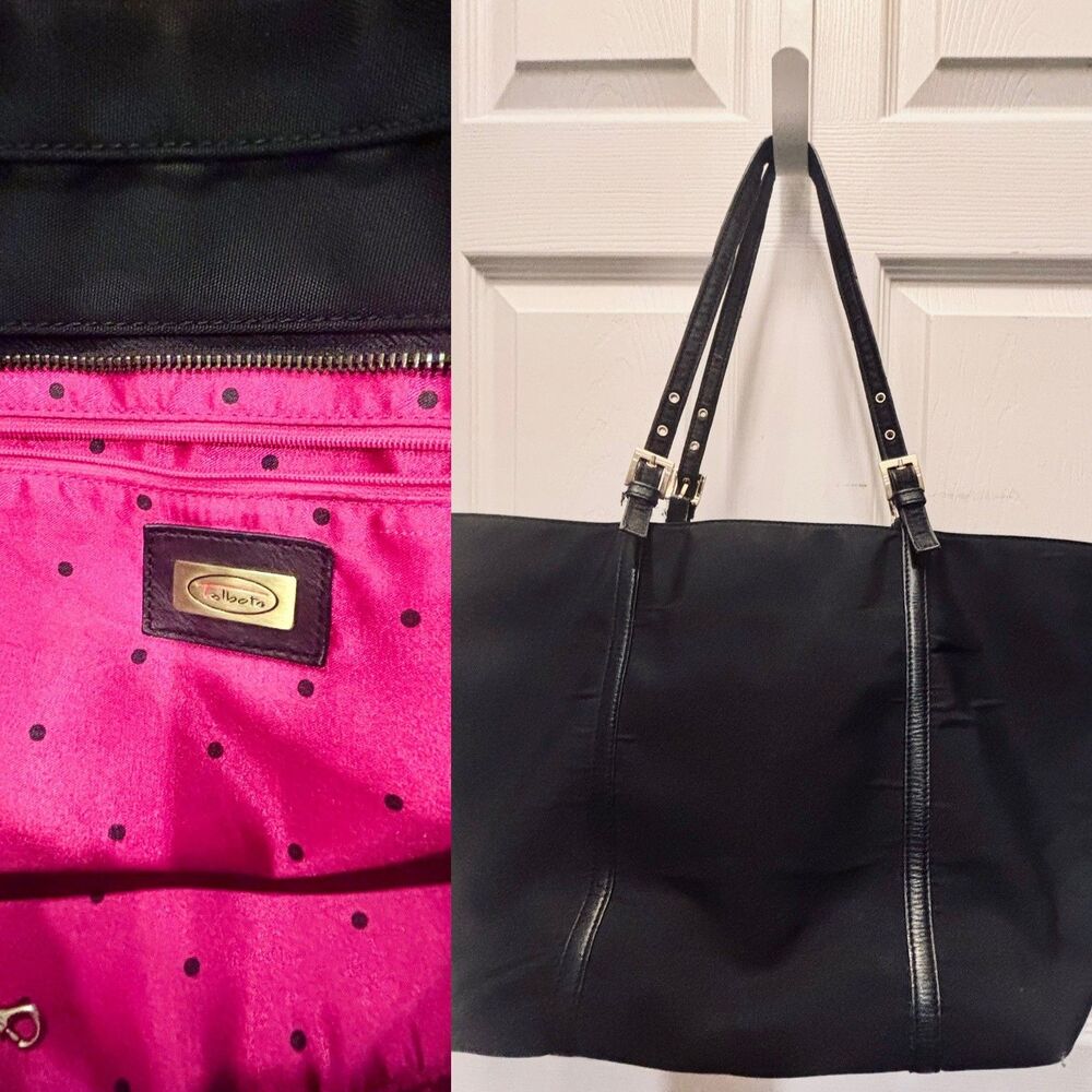 Talbots Black Tote, Pink Polka Dot Lined, Zipper Closure, Buckle Accents Handbag